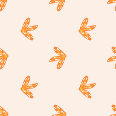 Orange doodle simple leaves hand drawn seamless pattern. Pastel background. Hand drawn style. Botanic artwork.