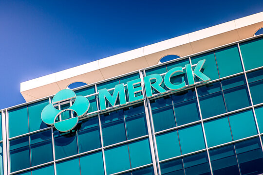 South San Francisco, CA, USA - February 24, 2021: Close up of a corporate office building of Merck company Research Laboratories, an American  pharmaceutical company headquartered in New Jersey 