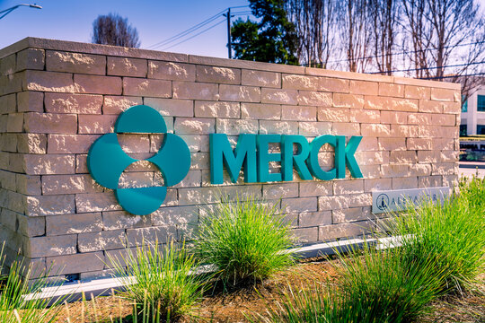 South San Francisco, CA, USA - February 24, 2021: Close up of a corporate office building of Merck company Research Laboratories, an American  pharmaceutical company headquartered in New Jersey 