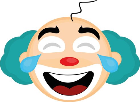 Vector illustration of an emoticon of the head of a cartoon clown, with a happy expression and with tears of joy