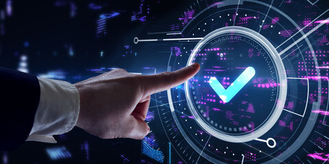 Standard quality control. Certification. Business, technology, internet and networking concept. Young businessman select the icon on the virtual display.