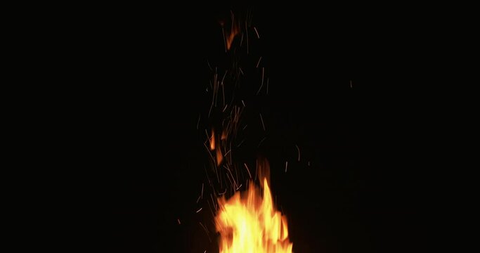 Fire flame on black. Inferno motion. Hot blaze. Campfire glow. Yellow burn ignite sparks flying up isolated on dark night background.