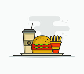 Cartoon illustrated sandwich and drinks
