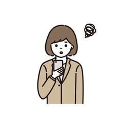 スマートフォンの操作で困っているスーツ姿の若い女性