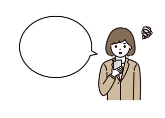 スマートフォンの操作で困っているスーツ姿の若い女性 吹き出し