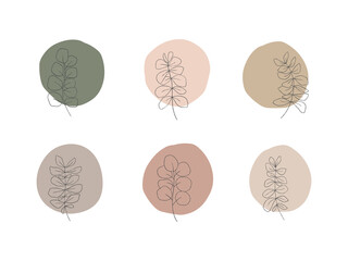 Abstract trendy botanical vector illustration set. Contemporary art, modern print, floral wall art, boho decor poster. Social media icons, story highlight. Eucalyptus branch.