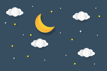 Obraz na płótnie Canvas night sky with stars and moon. paper art style. Vector of a crescent moon with stars on a cloudy night sky. Moon and stars background.