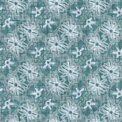 Aegean teal mottled flower linen texture background. Summer coastal living style 2 tone fabric effect. Sea green wash distressed grunge material. Decorative floral motif textile seamless pattern 