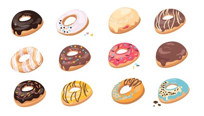 Donuts Set Isolated on White Background. Donuts in colorful glaze. Kids sweets assorted. Top View
