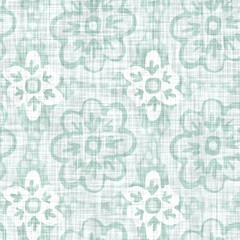 Aegean teal mottled flower linen texture background. Summer coastal living style 2 tone fabric effect. Sea green wash distressed grunge material. Decorative floral motif textile seamless pattern 