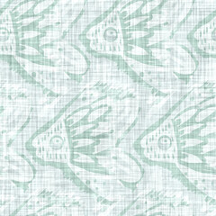 Aegean teal mottled fish linen texture background. Summer coastal living style 2 tone fabric effect. Sea green wash distress grunge material. Decor swimming fishes motif textile seamless pattern

