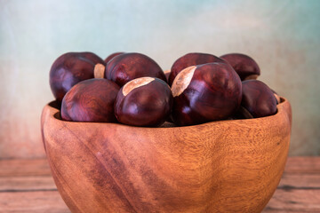 Buckeye Chestnut in wooden bowl on wooden surface. Side View formation of Fresh conkers.