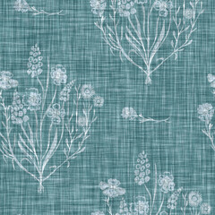 Aegean teal mottled flower linen texture background. Summer coastal living style 2 tone fabric effect. Sea green wash distressed grunge material. Decorative floral motif textile seamless pattern  © Nautical