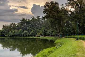 pessoa relaxando as margens dp lago do parque Ibirapuera. Novas restrições na cidade deixam o parque vazio. 