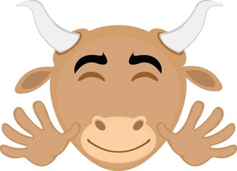 Vector emoticon illustration of a cartoon bull's face with a happy expression and waving with his hands