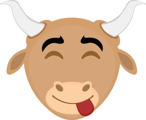 Vector emoticon illustration of a cartoon bull's head with a happy expression and with his tongue out