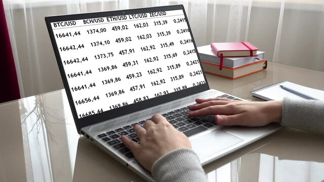 Trade in cryptocurrency at the exchange. Change of cost cryptocurrency. The girl working at home office hands on keyboard.
