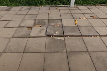 Fototapeta premium Top view, road surface, sidewalk, collapsed ground, empty space, footpath in urban area