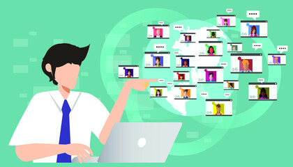  business man use technology online communication in world that
modern.meeting past the screen computer. work form home. flat design idea and concept. 