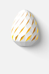 Easter concept. One single white golden egg with geometric original changing patterns on the surface on a white background. 3d illustration