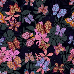 Beautiful butterflies on a tropical backround. Seamless pattern. Pastel colors. Collection of isolated flat cartoon vector illustrations.