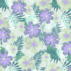 Fototapeta na wymiar Tropical orchid flowers, palm leaves, vector seamless pattern. Jungle foliage illustration. Exotic plants. Summer beach floral design. 