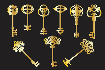 Golden keys. Padlock icon. Protection icon. Vintage vector illustration. Stock image. EPS 10.