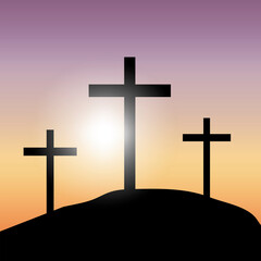 Banner with yellow three crosses sunset. Science background. Vector illustration. Stock image. EPS 10.
