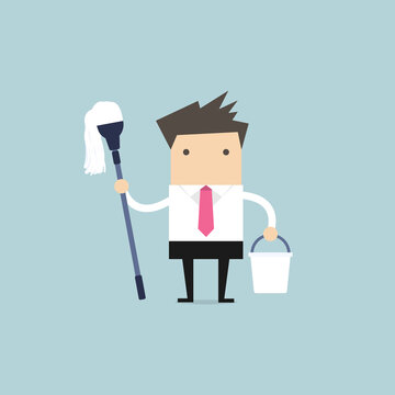 recommend clip art: Businessman holding mop and bucket. Cleaning the workplace concept.