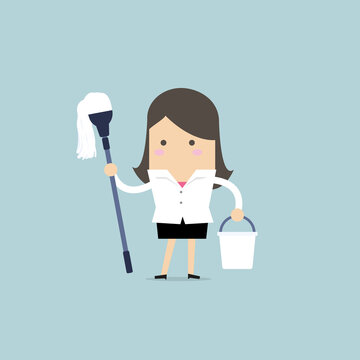 recommend clip art: Businesswoman holding mop and bucket. Cleaning the workplace concept.