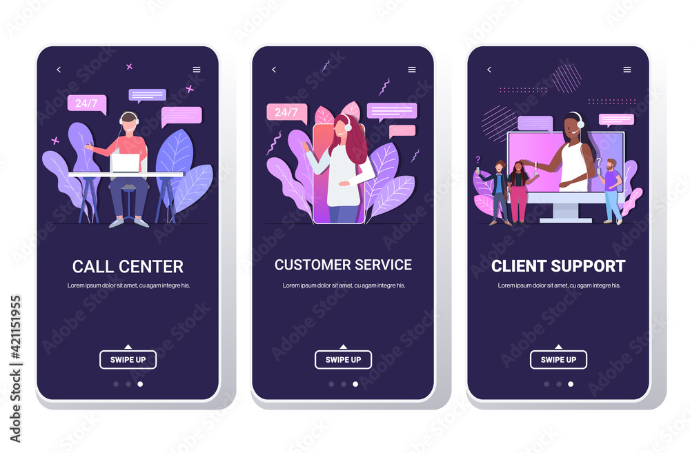 Poster set helpline operators with headset technical client support customer service call center concept sm