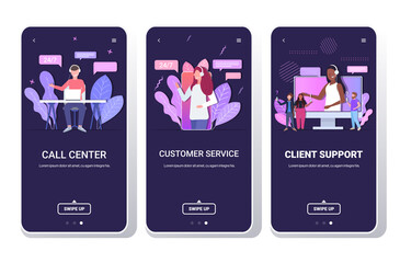 set helpline operators with headset technical client support customer service call center concept smartphone screens collection mobile app portrait copy space horizontal