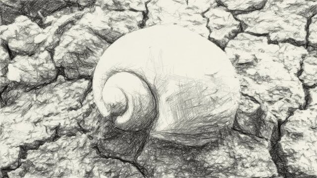 art drawing black and white of dry shell on the ground