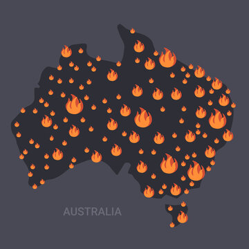 map of Australia with fire symbols bushfires seasonal wildfires global warming natural disaster concept orange flames icons flat