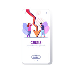 businesspeople couple frustrated about downward chart economic arrow falling down financial crisis bankrupt investment risk concept full length copy space smartphone screen mobile app