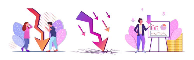 businesspeople frustrated about downward chart economic arrow falling down financial crisis bankruptcy business failure concepts collection horizontal