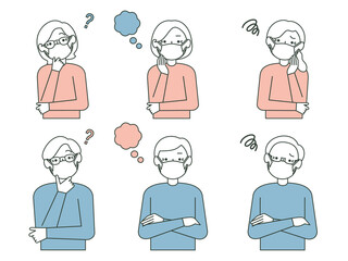 マスクをしたシニアの男性・女性のセットイラスト（疑問・悩み）