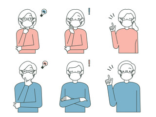 マスクをしたシニアの男性・女性のセットイラスト（安心・解決）