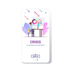 frustrated businesswoman sitting at workplace analyzing downward chart graph economic arrow falling down financial crisis bankruptcy business failure concept smartphone screen mobile app copy space