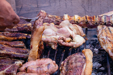 bricklayer construction worker grilled meat on Friday street
