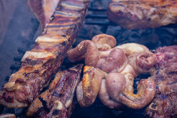 bricklayer construction worker grilled meat on Friday street