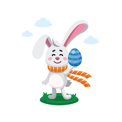 Vector illustration of easter rabbit, bunny, hare holding painted egg. Easter character, mascot. flat style illustration