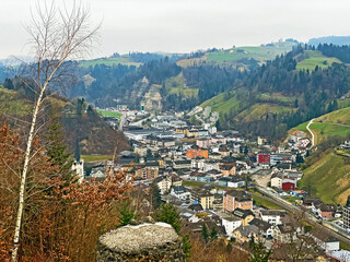 View of the village of Wolhusen from a lookout point on the ruins of a burg above the valley -...
