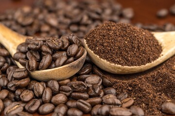 A close up photo of coffee beans and grounds on a table and on wooden spoons.