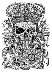 Black and white illustration of scary skull wearing crown, with sword, banner and steampunk wheel and cogs. Mystic background for Halloween, esoteric, gothic, heavy metal or occult concept