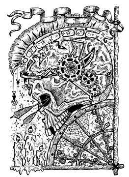 Black and white illustration with skull of warrior, arrows, burning candles and old wheel with flowers and spider web. Mystic background for Halloween, esoteric, gothic, heavy metal or occult concept,