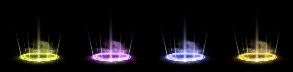 Color hologram portals set. Magic fantasy portal. Magic circle teleport podium with hologram effect. Vector colorful glow rays with sparks on black background. © Elena