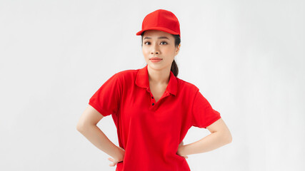 Delivery woman in red uniform isolated on white background