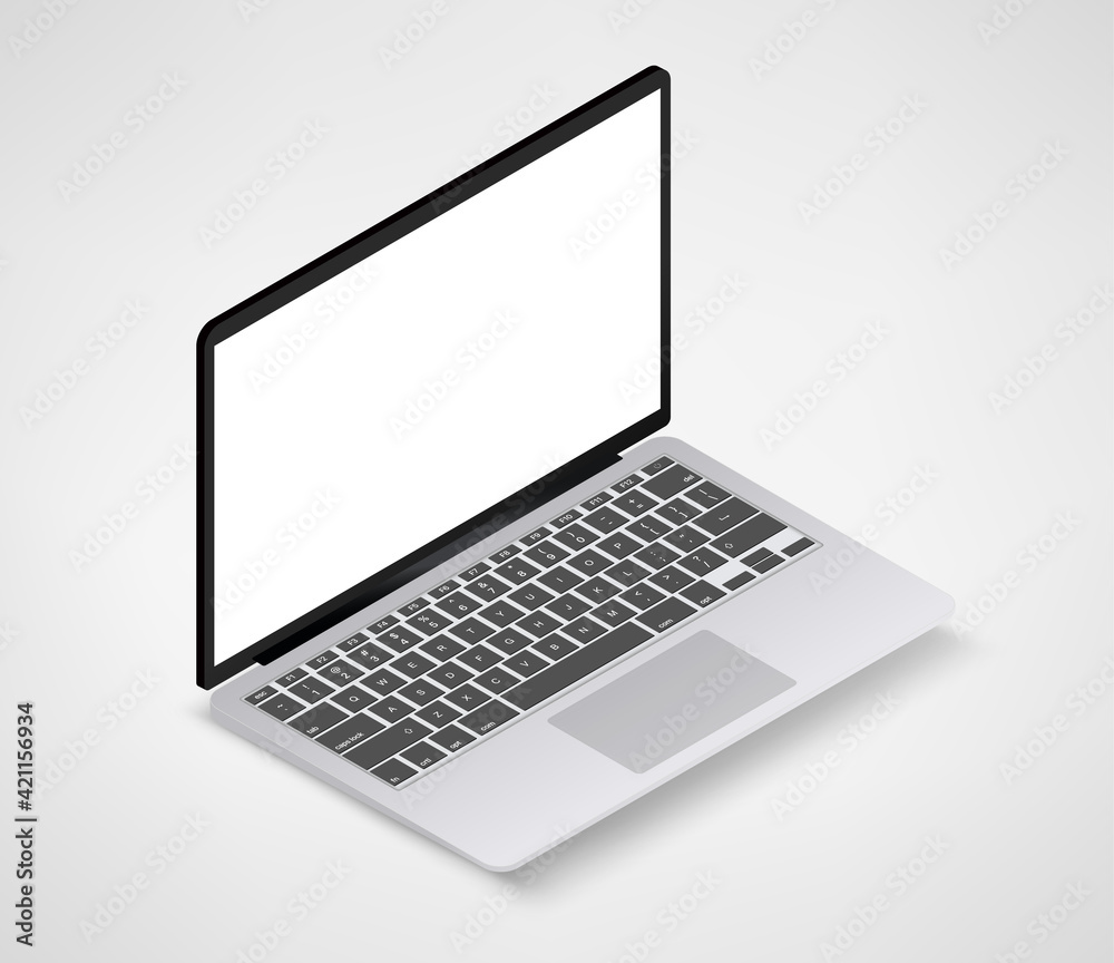 Poster Modern laptop computer vector mockup. Vector notebook photoreal illustration. Template for a content. Isometric vector illustration