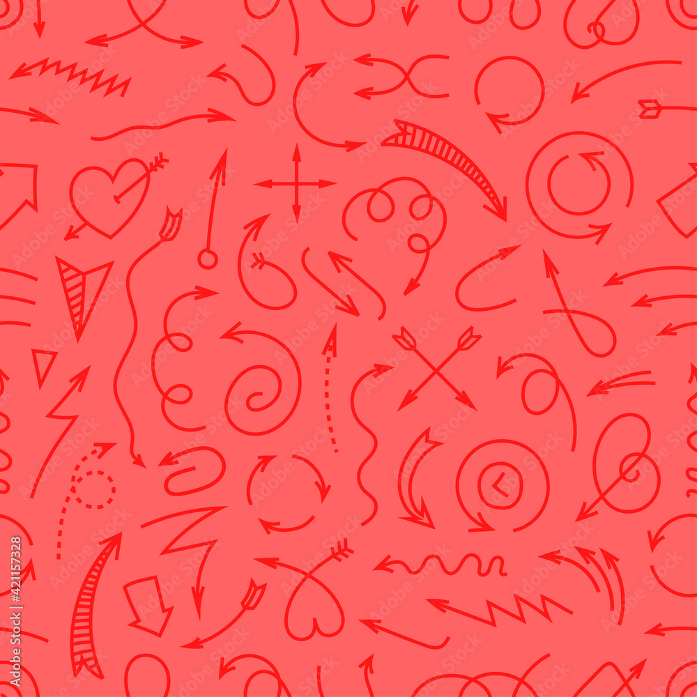 Poster different simple arrows red seamless background